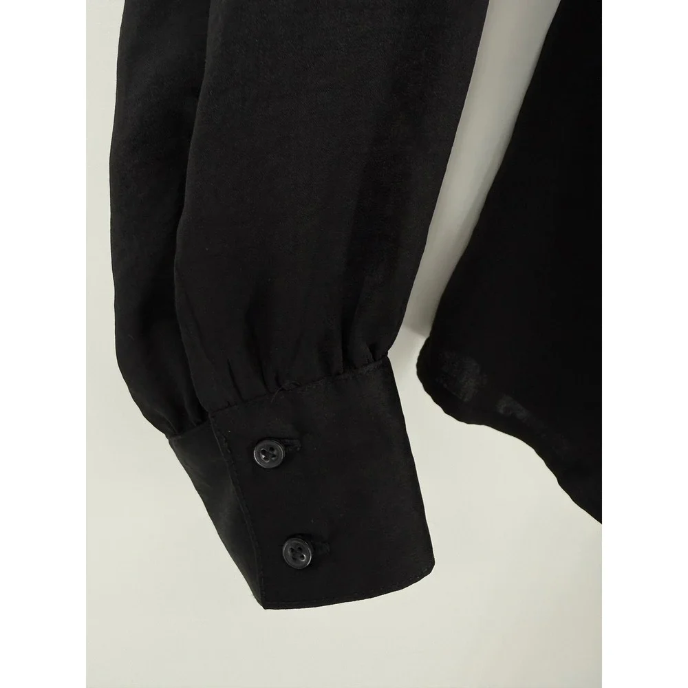 Banana Republic Blouse Women Small Black Puff Sleeve Button Cuff Keyhole Back
